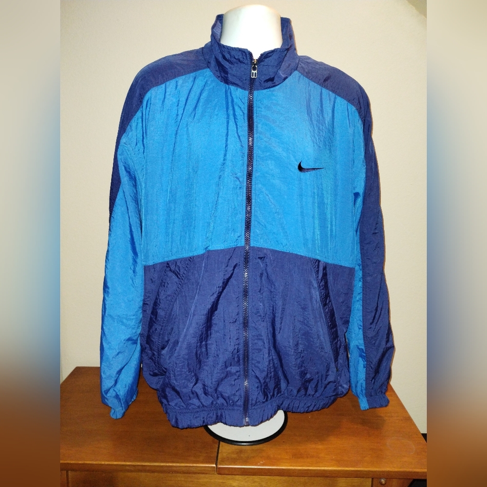 Vintage 90s Navy & Baby Blue Nike Zip-Up Spell-Out Jacket Windbreaker XL. - Picture 2 of 6